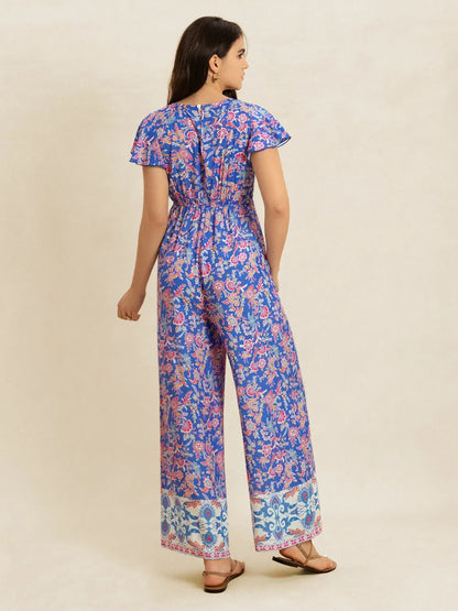 Printed V-Neck Wide Leg Jumpsuit-Nordavory