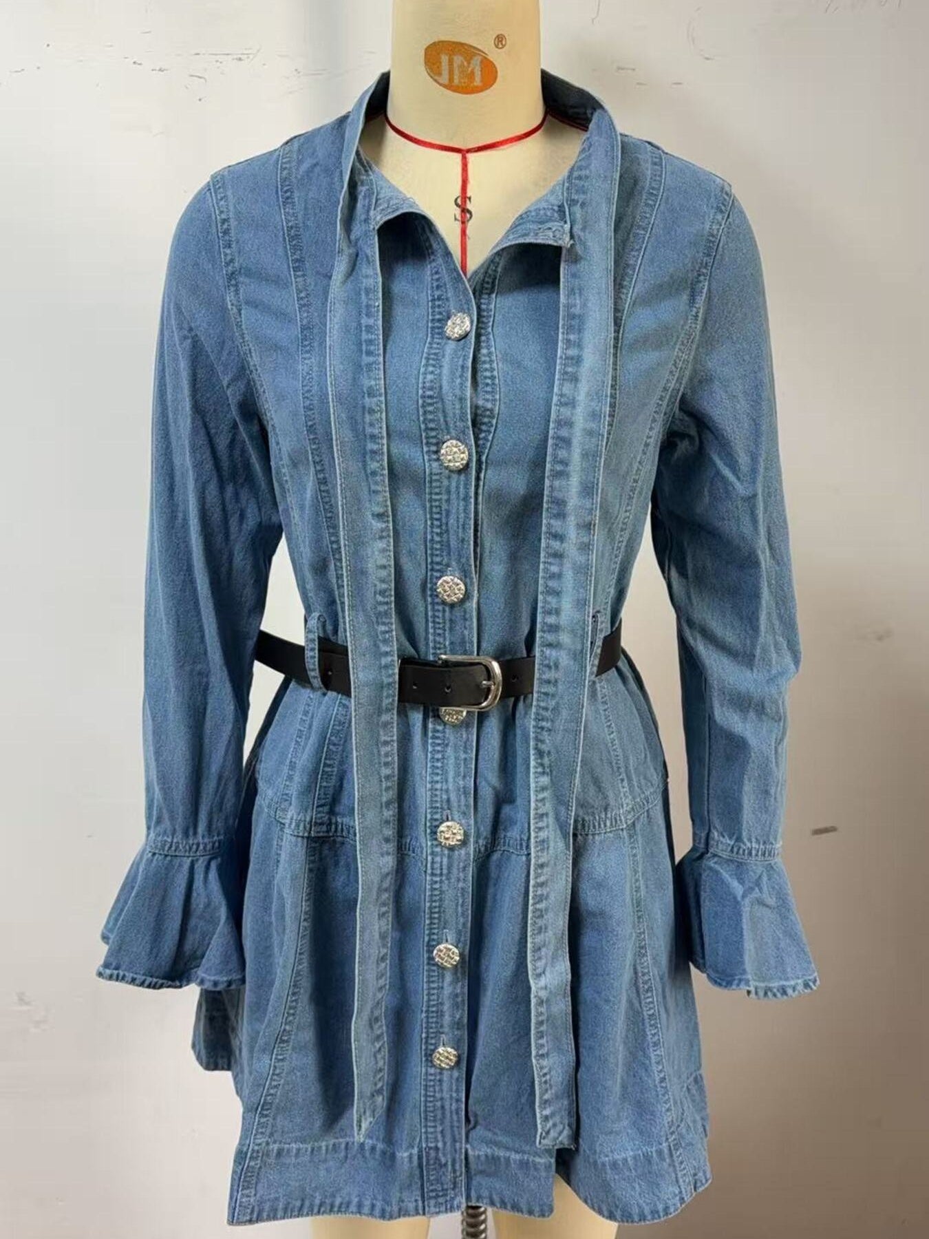 Button Front Flounce Sleeve Denim Dress-Nordavory