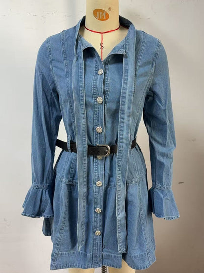 Button Front Flounce Sleeve Denim Dress-Nordavory