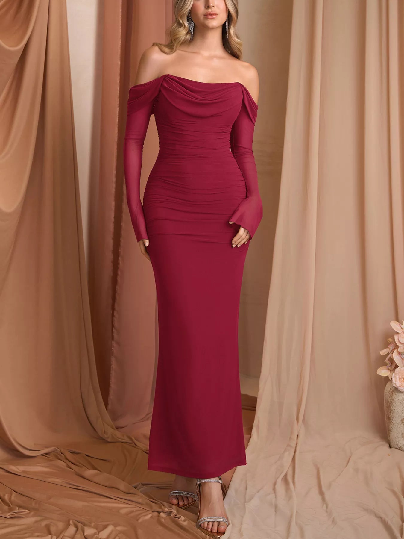 Off-Shoulder Ruched Mermaid Maxi Dress-Nordavory