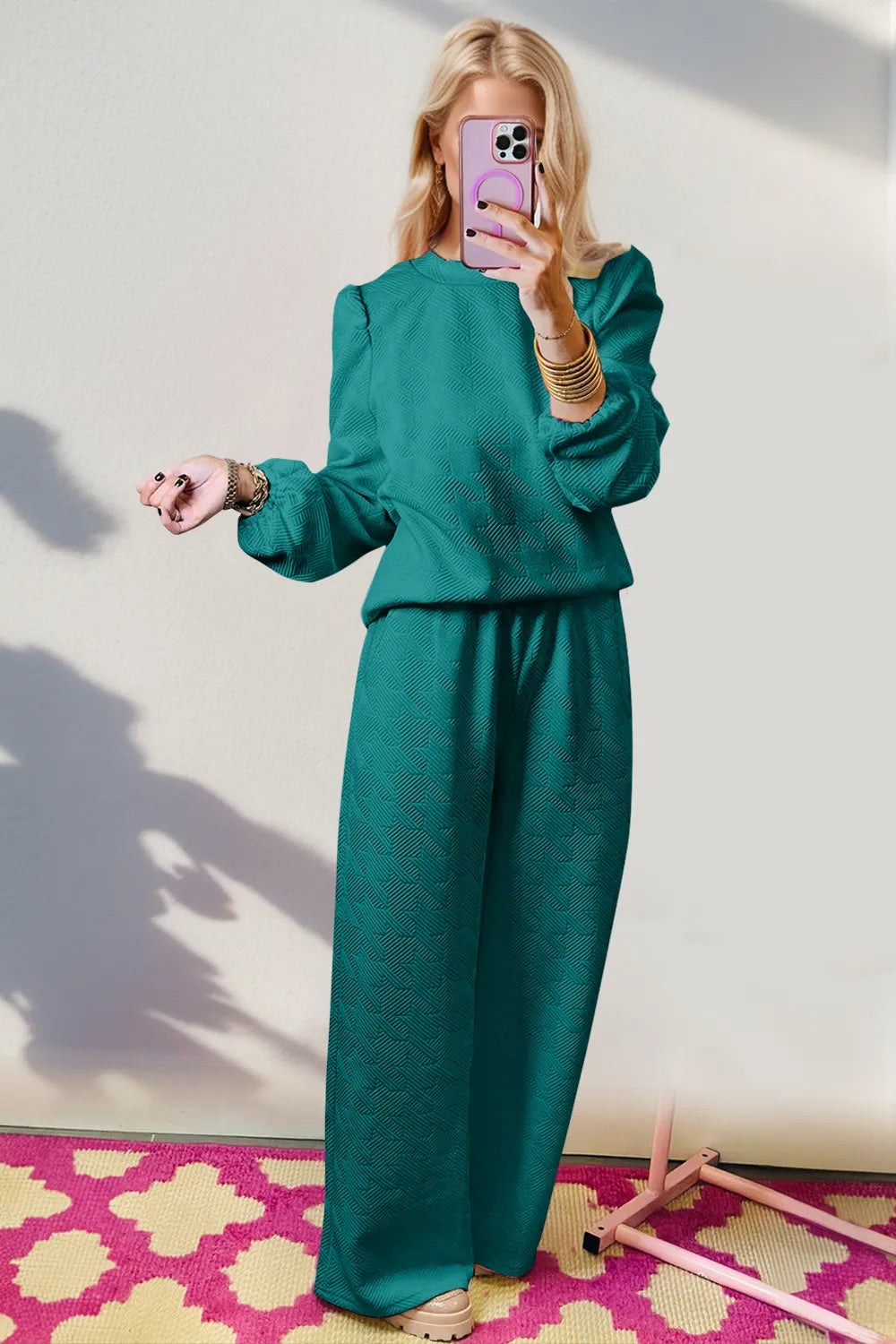 Double Take Texture Long Sleeve Top and Wide Leg Pants Set-Nordavory