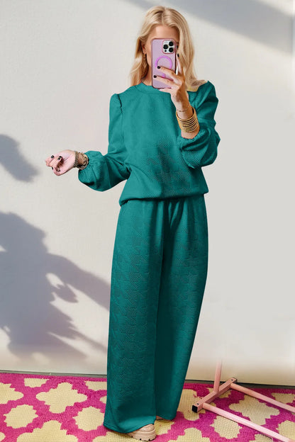 Double Take Texture Long Sleeve Top and Wide Leg Pants Set-Nordavory