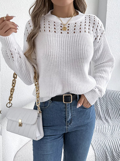 Openwork Round Neck Long Sleeve Sweater-Nordavory