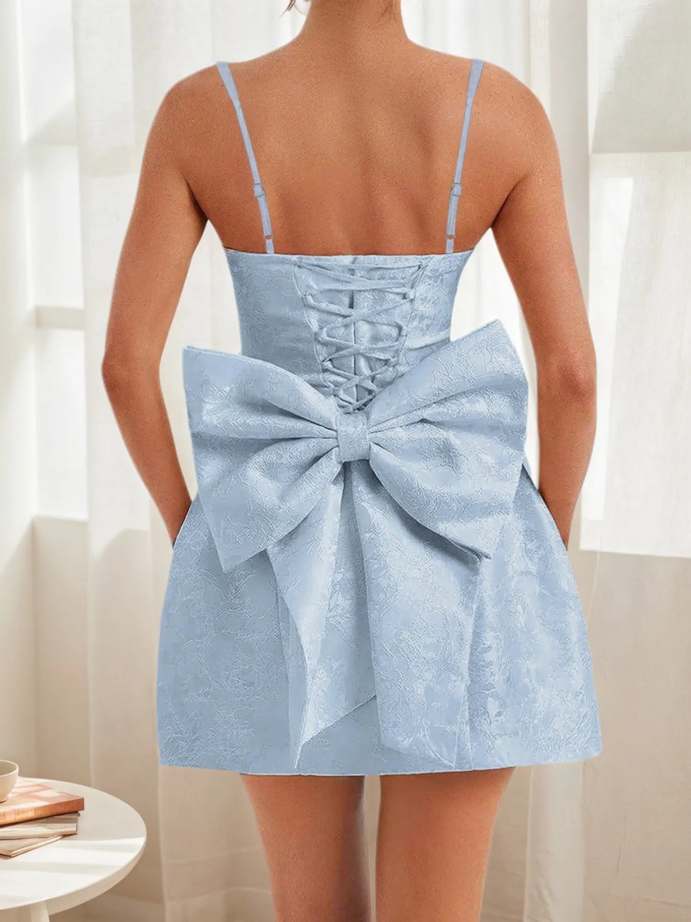 Lace Up Back Mini Dress with Bow Detail-Nordavory
