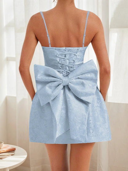 Lace Up Back Mini Dress with Bow Detail-Nordavory