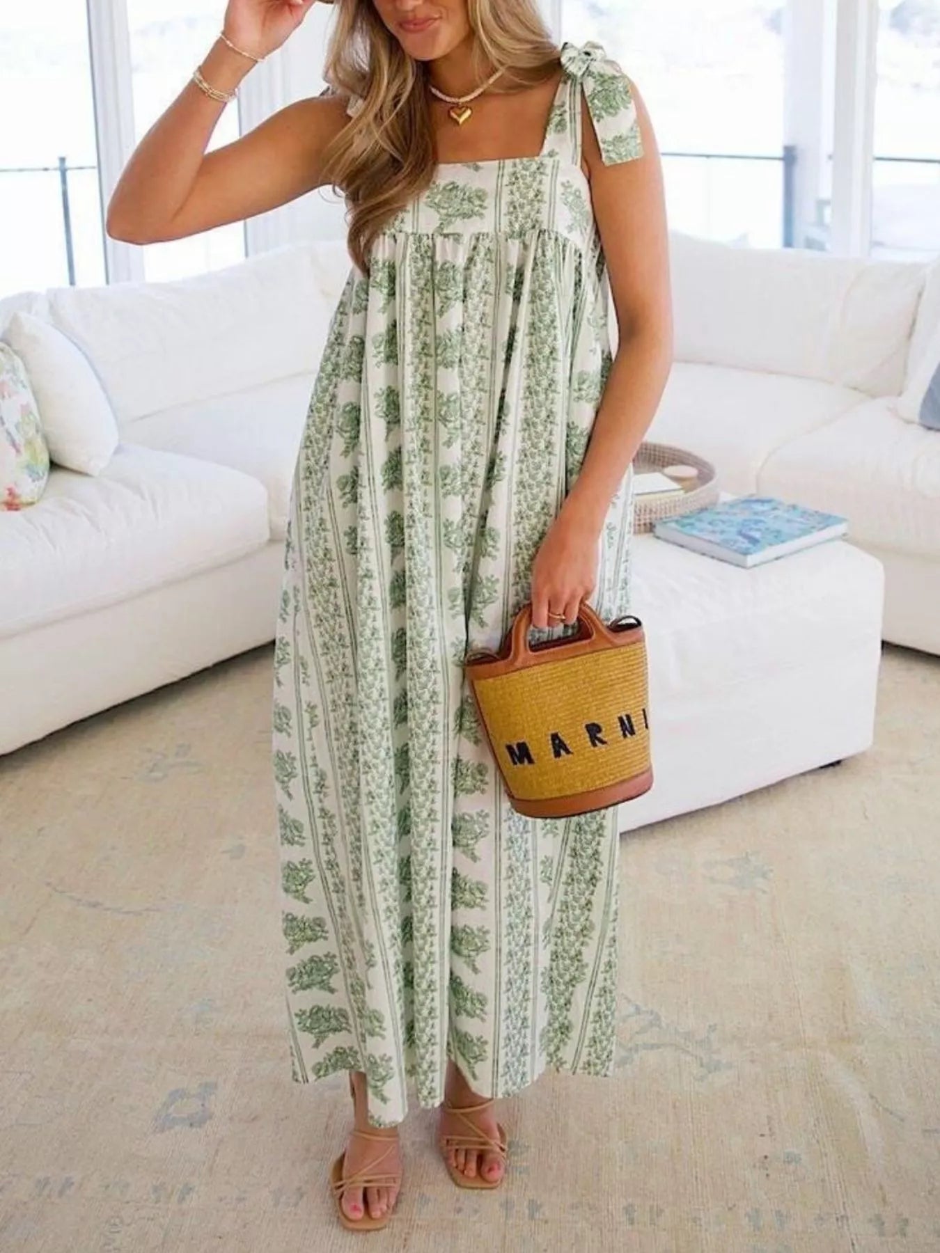 Elegant Floral Print Tie-Shoulder Dress-Nordavory