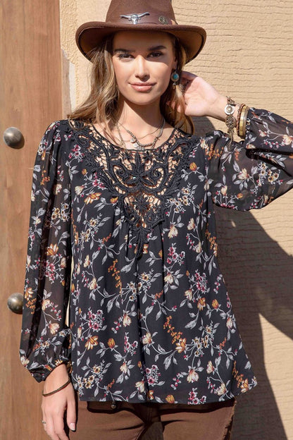 Printed Round Neck Long Sleeve Blouse-Nordavory