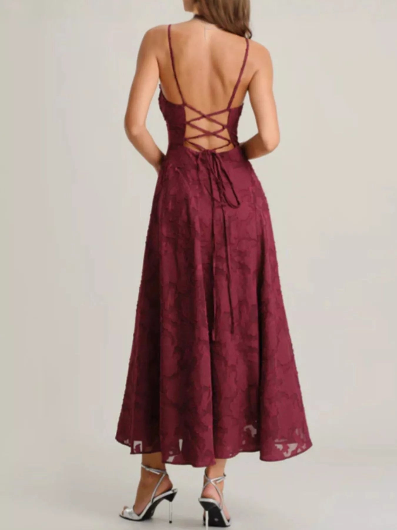 Lace Up Back Spaghetti Strap Maxi Dress-Nordavory