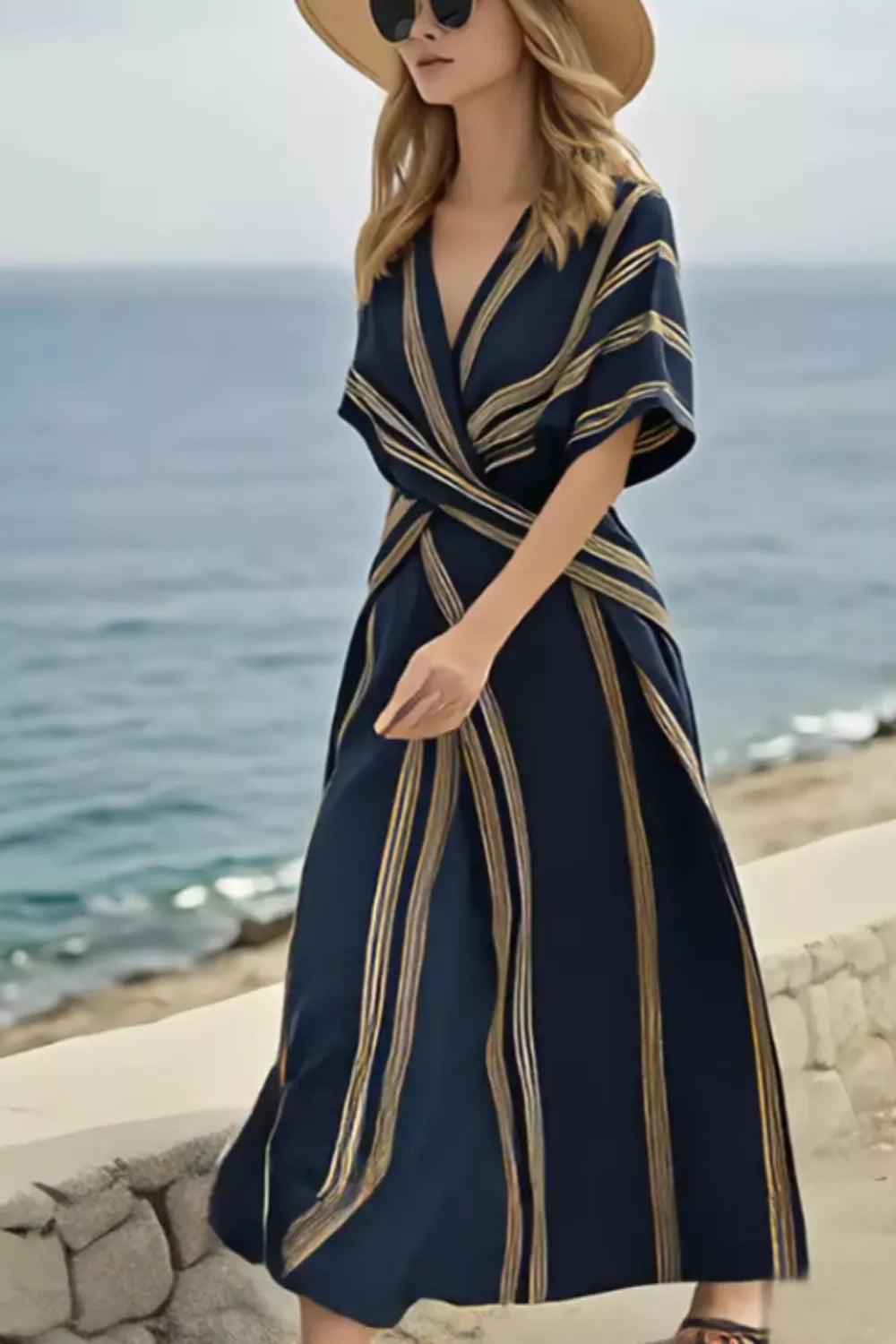 Striped Wrap Half Sleeve Maxi Dress-Nordavory