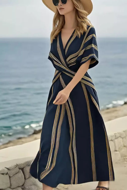 Striped Wrap Half Sleeve Maxi Dress-Nordavory