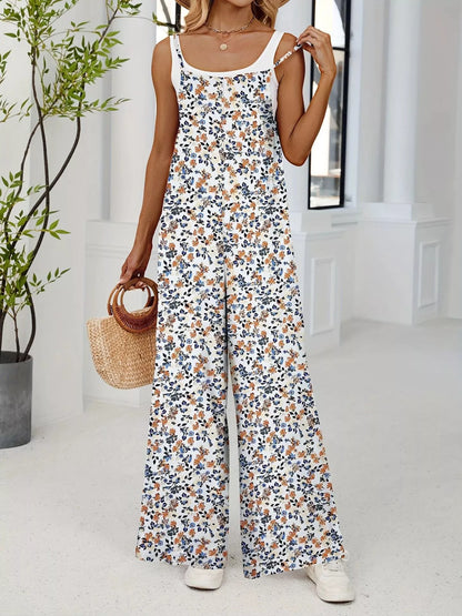 Full Size Floral Print Wide Leg Casual Jumpsuit Plus Size-Nordavory