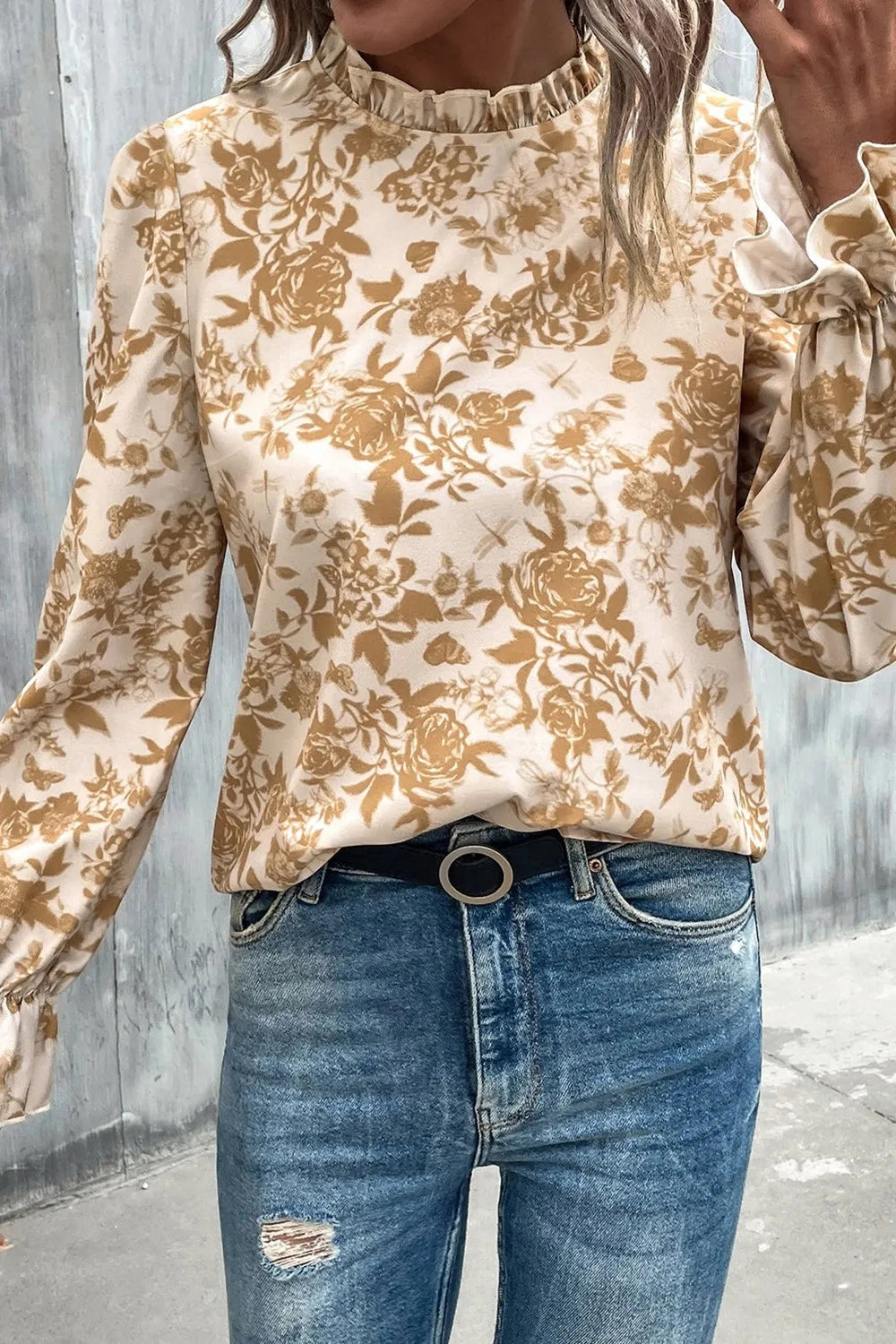 Floral Print Mock Neck Flounce Sleeve Blouse-Nordavory