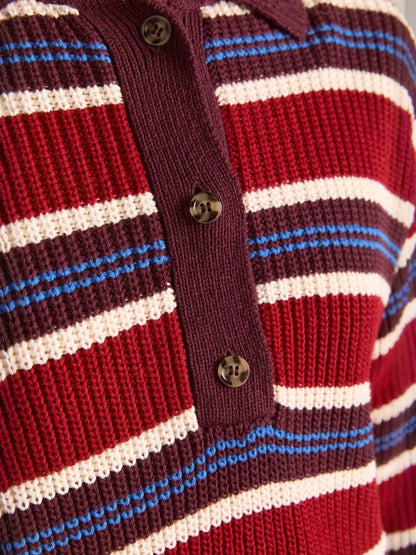 Striped Button Detail Polo Collar Sweater-Nordavory