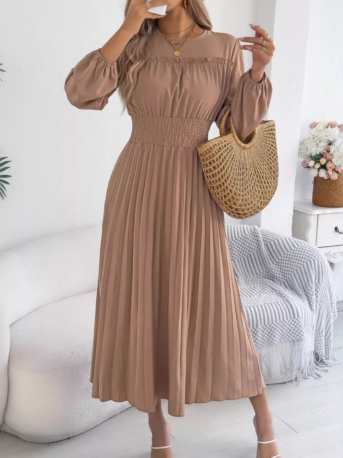 Smocked Pleated Long Sleeve Midi Dress-Nordavory