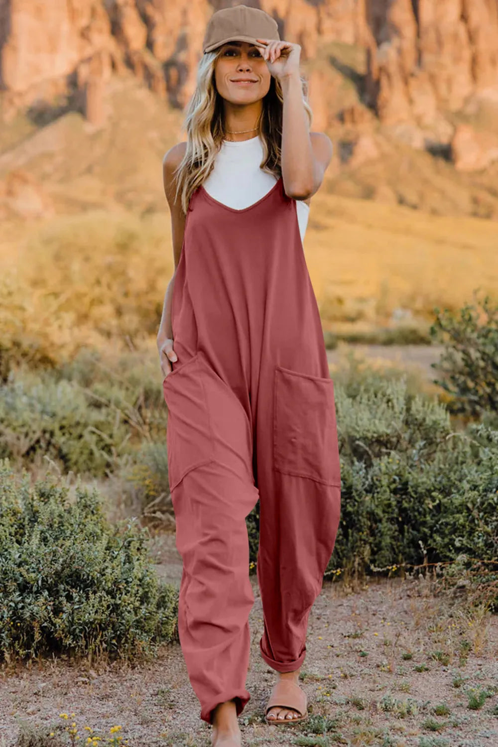 Double Take Full Size V-Neck Sleeveless Jumpsuit with Pockets-Nordavory