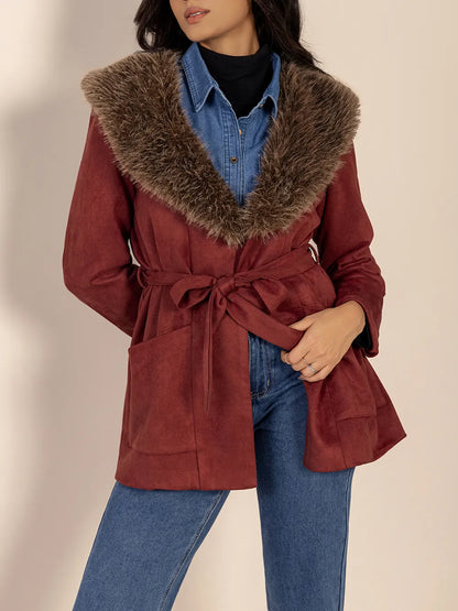 Fuzzy Collared Neck Tie Waist Jacket-Nordavory