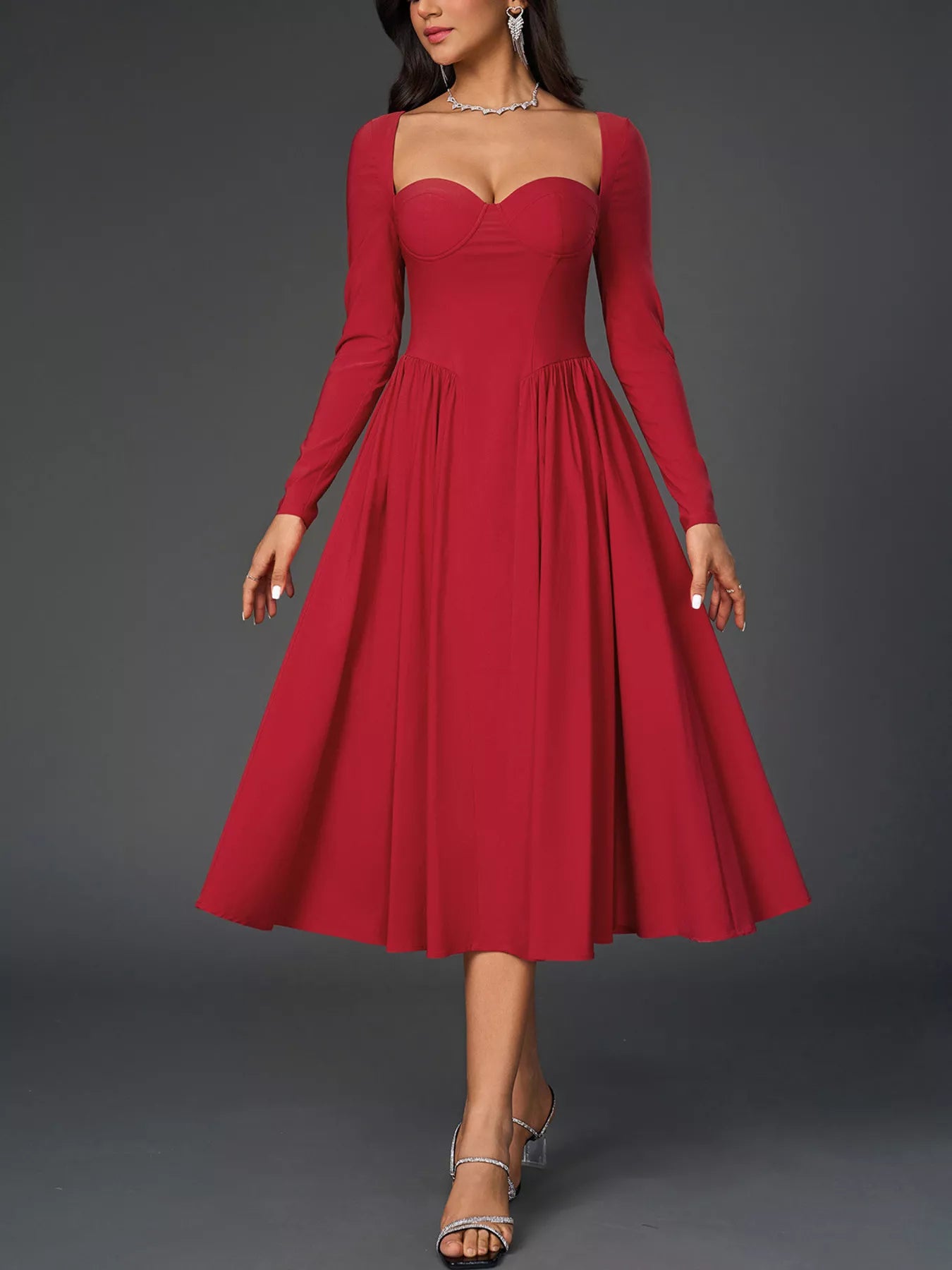 Sweetheart Neckline Long Sleeve A-Line Midi Dress-Nordavory
