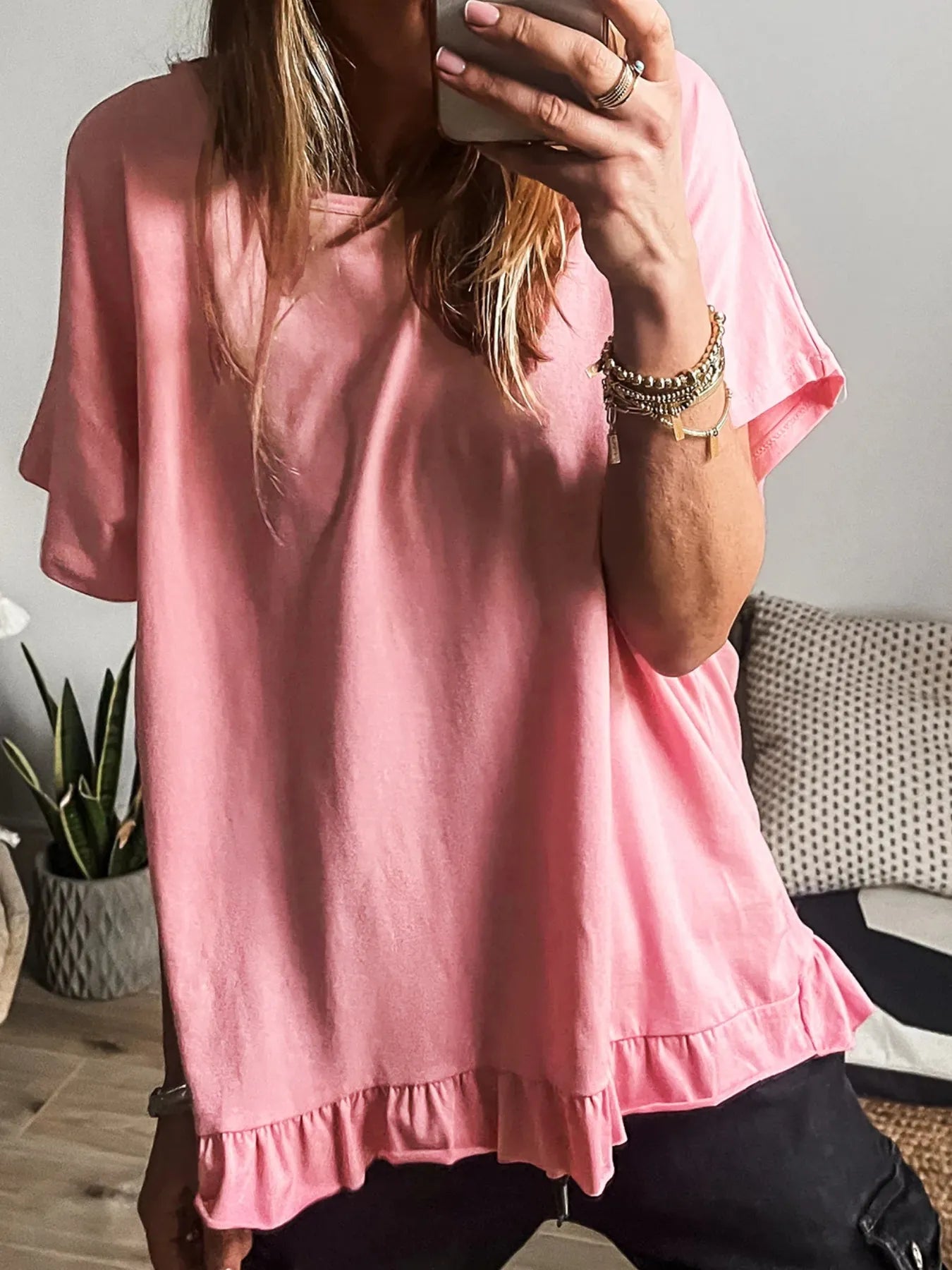 Ruffle Hem Round Neck Relaxed T-Shirt-Nordavory