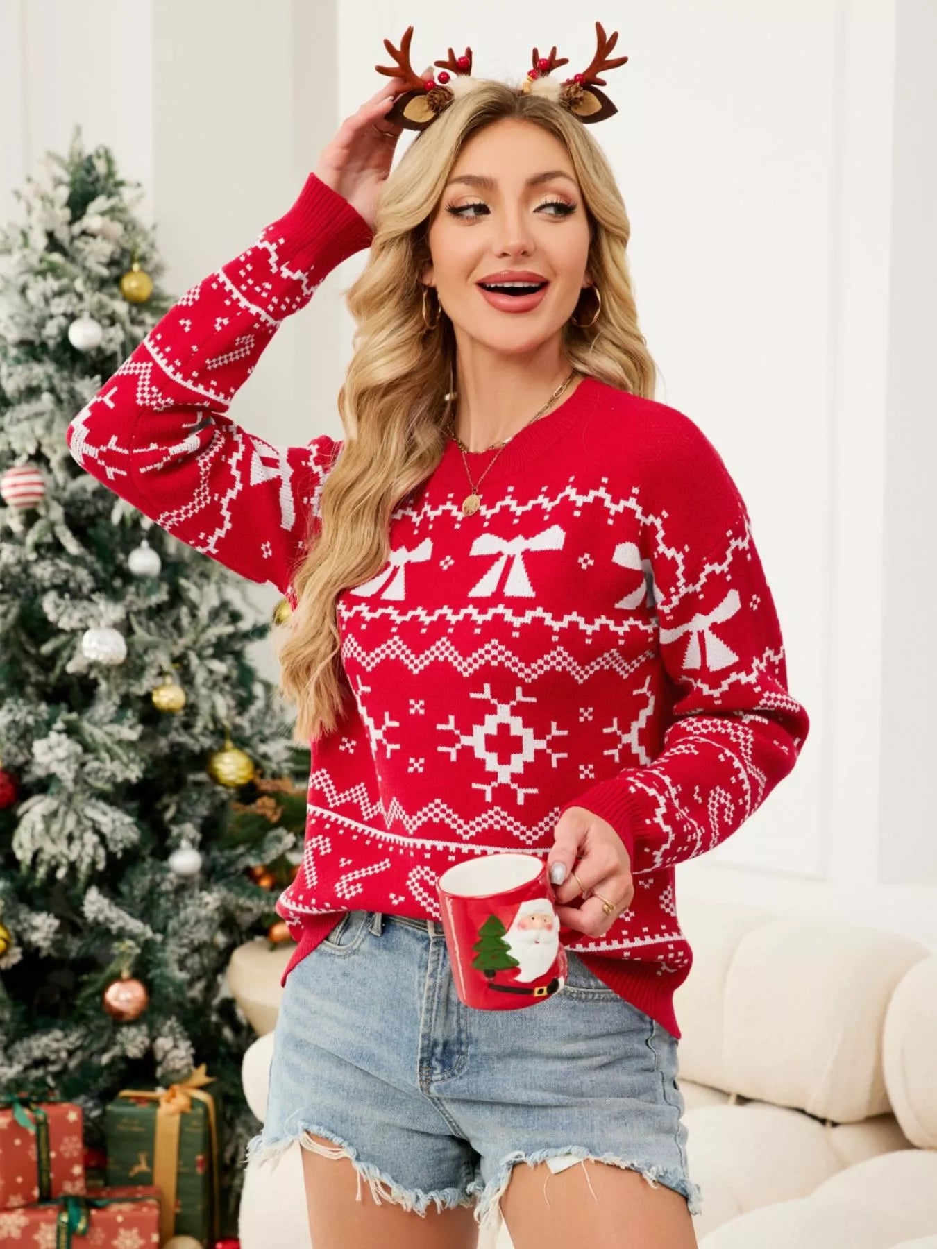 Christmas Bow Round Neck Sweater-Nordavory