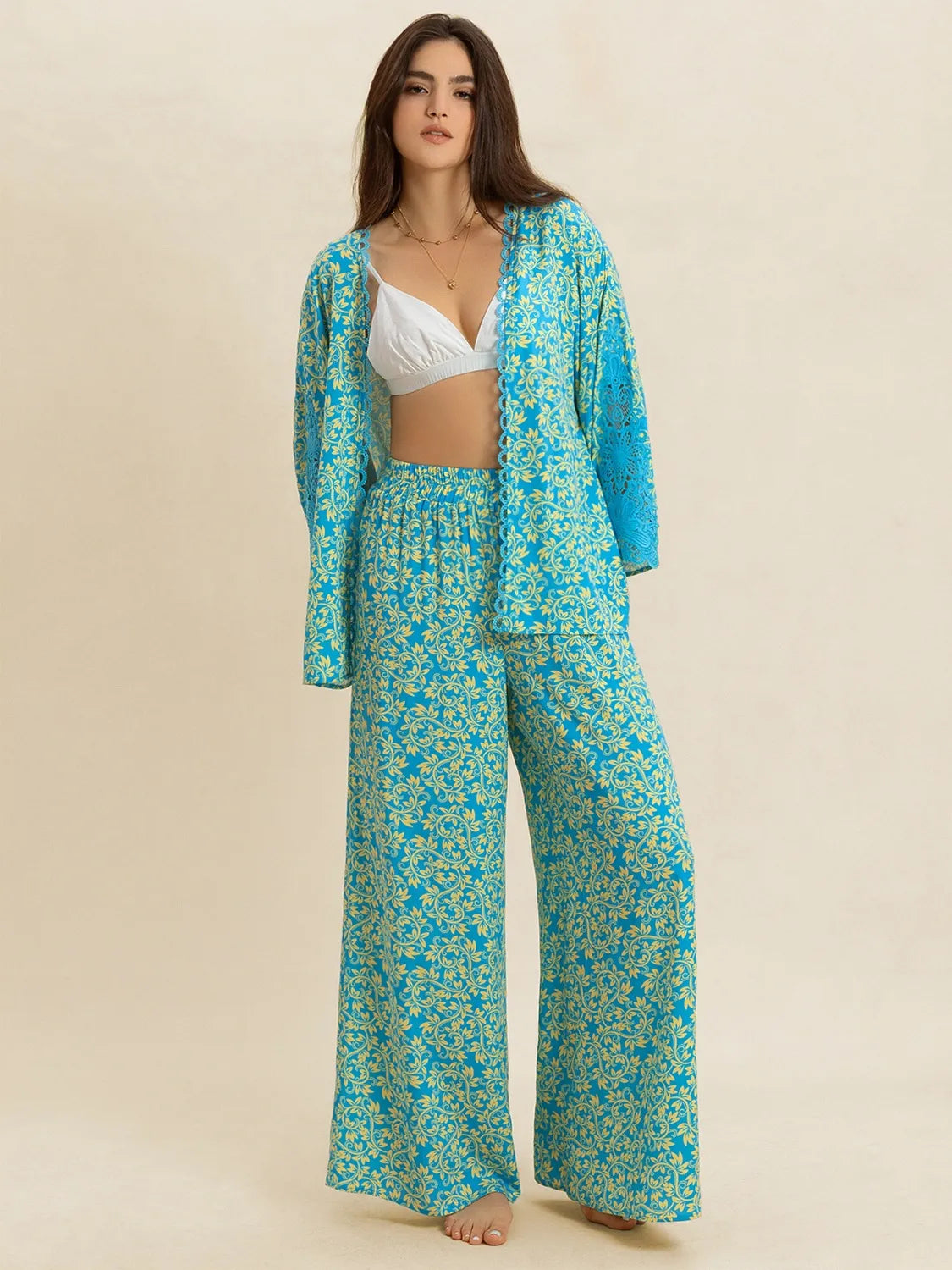 Open Front Printed Top and Pants Set-Nordavory