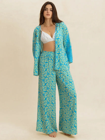 Open Front Printed Top and Pants Set-Nordavory