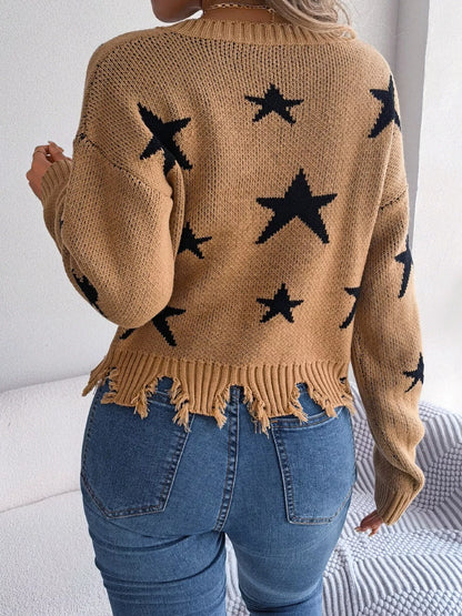 Star Pattern V-Neck Distressed Sweater-Nordavory