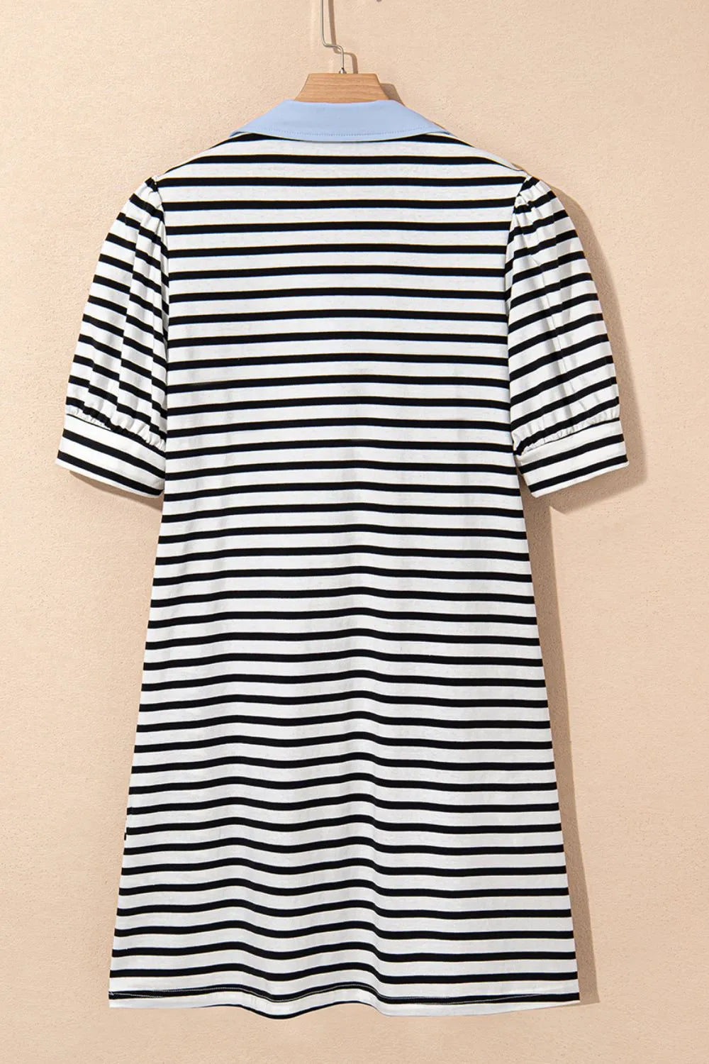 Stripe Contrast V Neck Collared Puff Sleeve T Shirt Mini Dress with Pockets-Nordavory