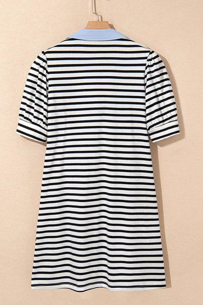 Stripe Contrast V Neck Collared Puff Sleeve T Shirt Mini Dress with Pockets-Nordavory