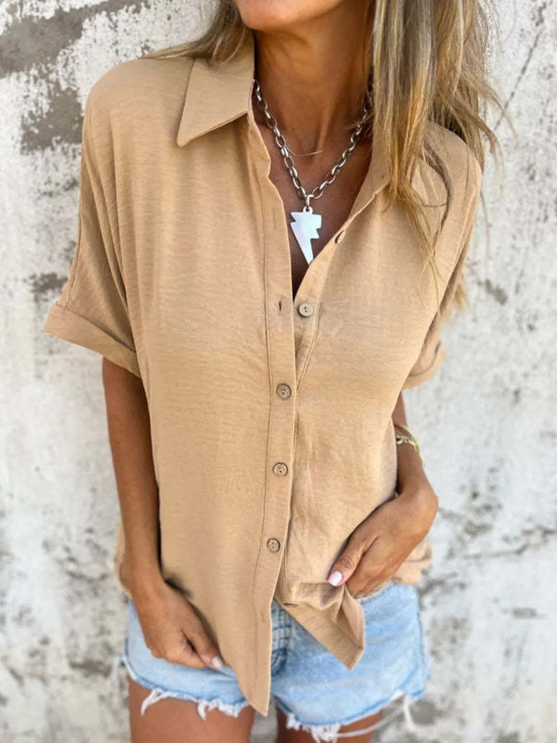 Full Size Collared Neck Half Sleeve Shirt Plus Size-Nordavory
