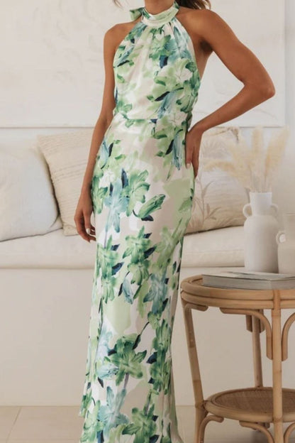 Floral Print Halter Neck Maxi Dress-Nordavory