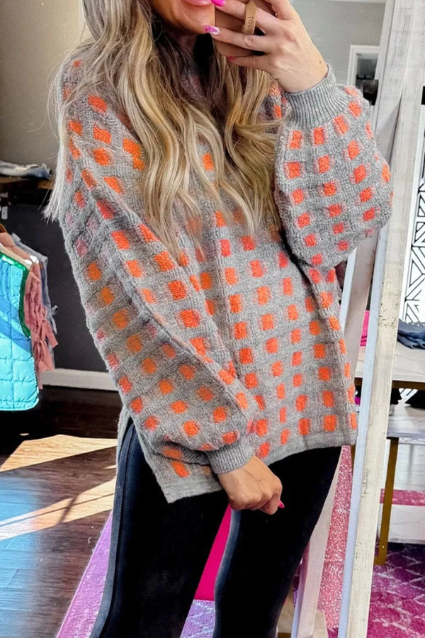 Plaid Round Neck Dropped Shoulder Sweater-Nordavory