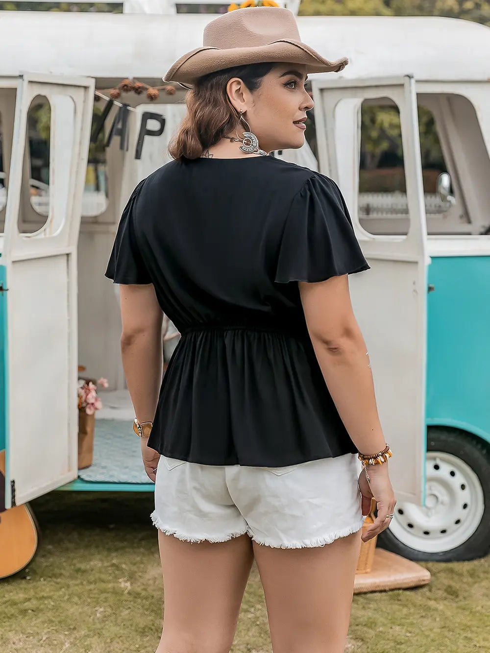 Plus Size V-Neck Flutter Sleeve Blouse-Nordavory