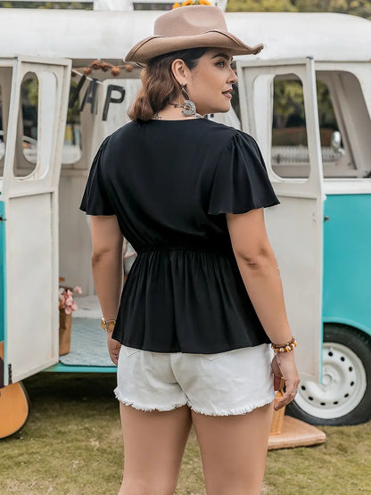 Plus Size V-Neck Flutter Sleeve Blouse-Nordavory