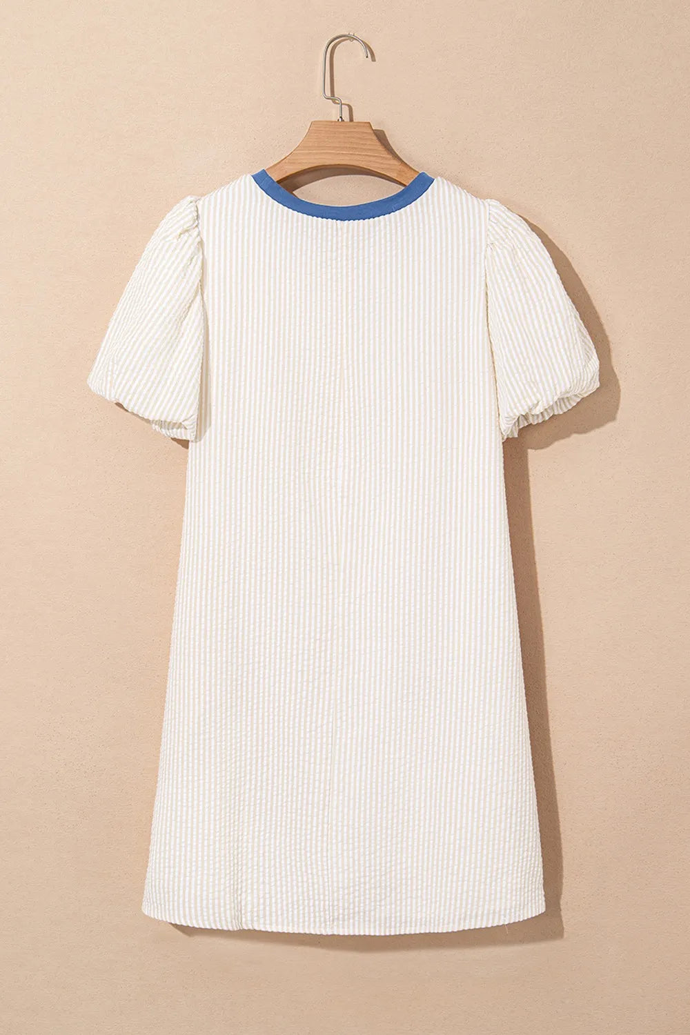 Stripe Seersucker Contrast Round Neck Puff Sleeve T Shirt Dress-Nordavory