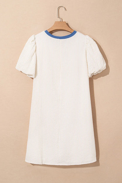 Stripe Seersucker Contrast Round Neck Puff Sleeve T Shirt Dress-Nordavory
