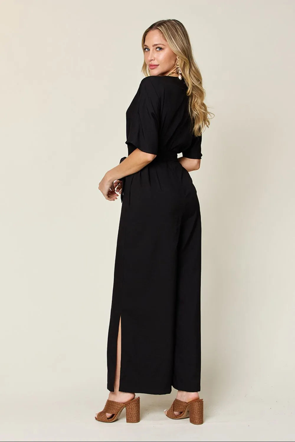 Double Take Full Size V-Neck Tied Side Slit Jumpsuit-Nordavory