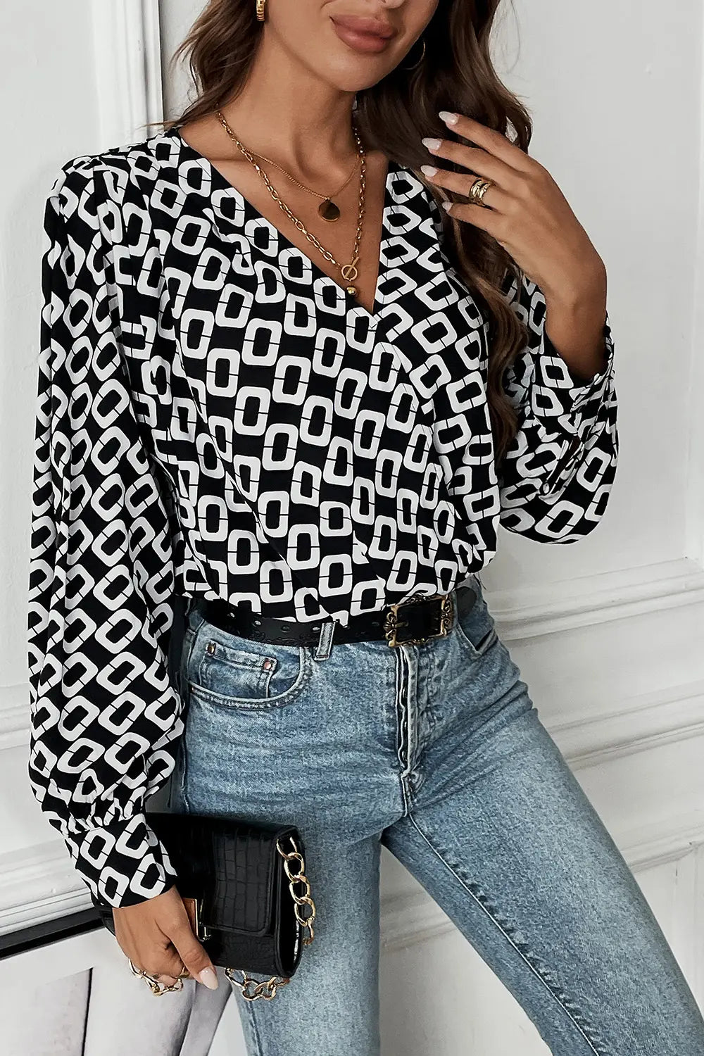 Perfee Geometric V-Neck Long Sleeve Blouse-Nordavory