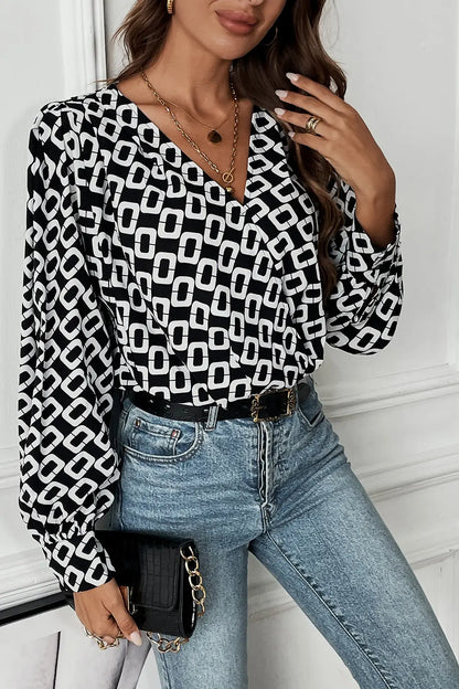 Perfee Geometric V-Neck Long Sleeve Blouse-Nordavory