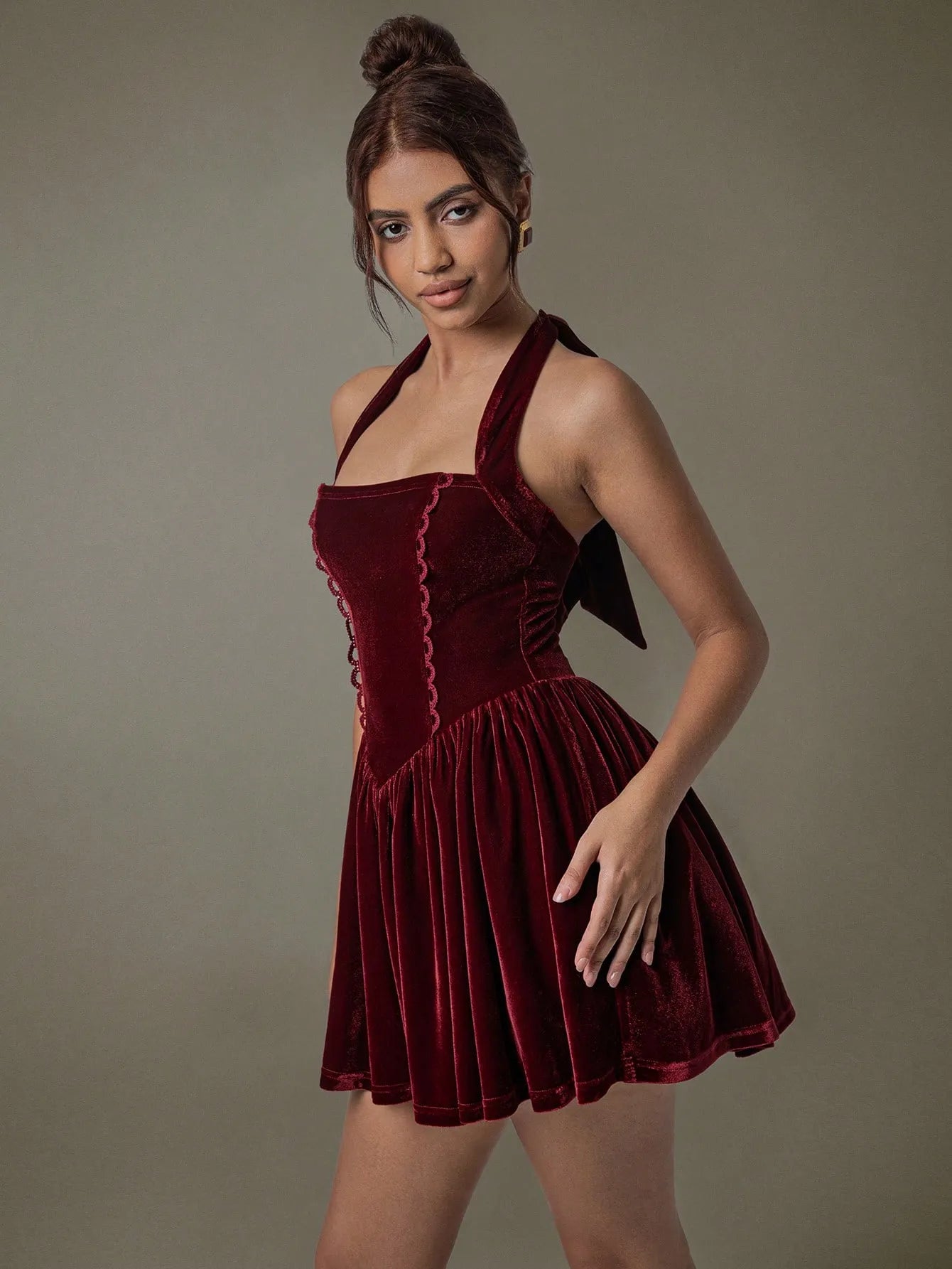 Velvet Halter Skater Dress-Nordavory