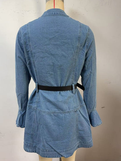 Button Front Flounce Sleeve Denim Dress-Nordavory