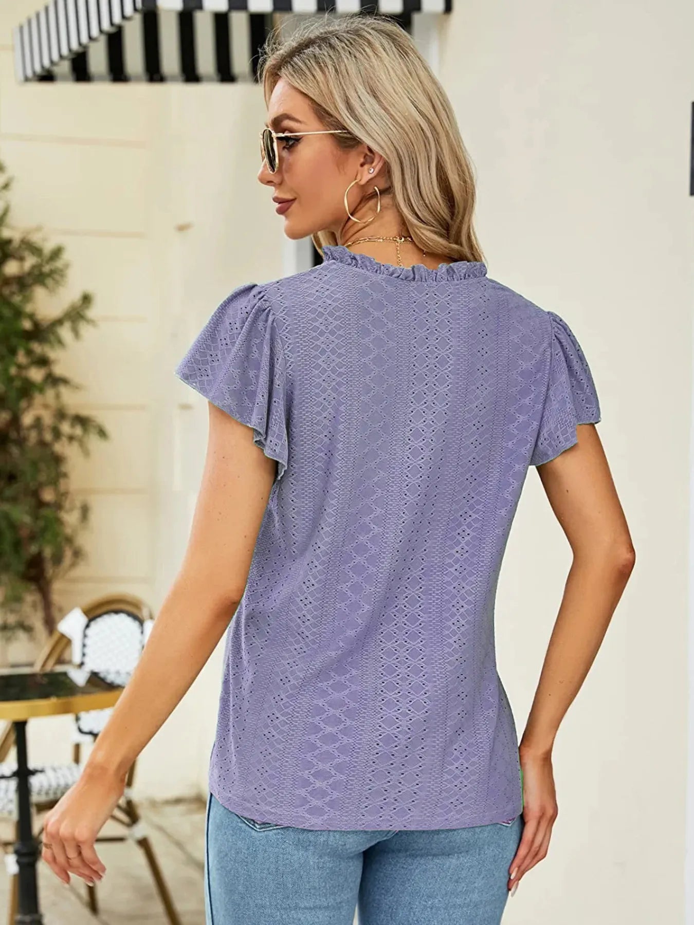 Eyelet Notched Short Sleeve T-Shirt-Nordavory