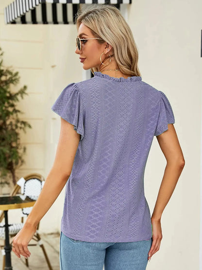 Eyelet Notched Short Sleeve T-Shirt-Nordavory