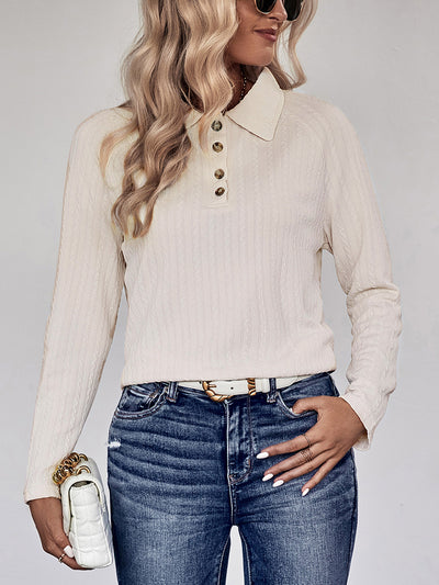 Perfee Collared Neck Buttoned Long Sleeve Top – Nordavory