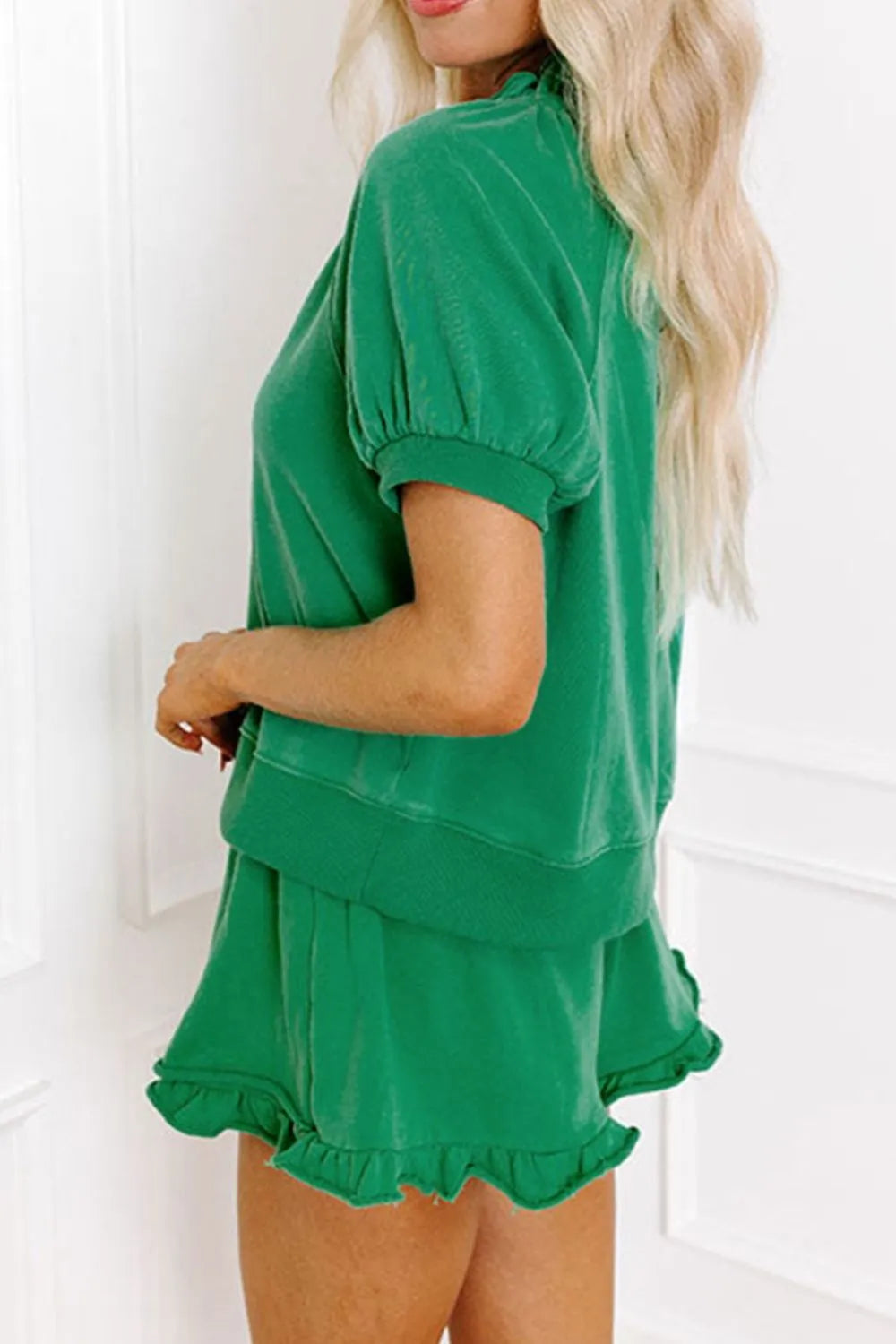 Frill Zip Front Puff Sleeve Top and Skort Set-Nordavory