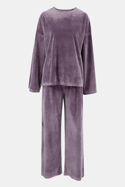 Buttery-Soft Round Neck Long Sleeve Top and Drawstring Pants Set-Nordavory