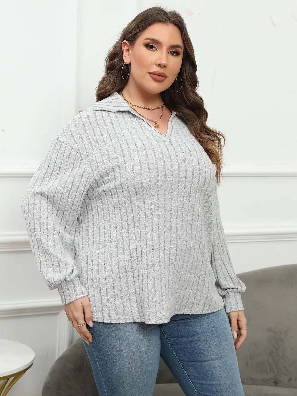 Plus Size Ribbed Collared Neck Long Sleeve Blouse-Nordavory