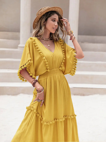 Tassel Trim Smocked V-Neck Short Sleeve Dress-Nordavory