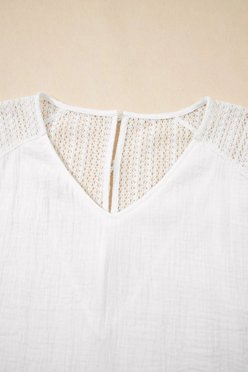 Lace Crochet Textured Button Back V Neck T Shirt-Nordavory