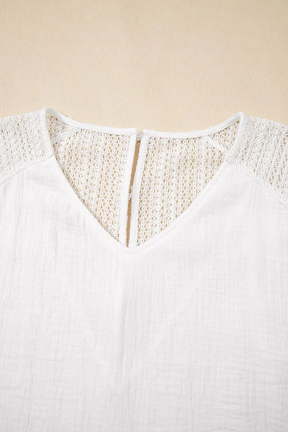 Lace Crochet Textured Button Back V Neck T Shirt-Nordavory