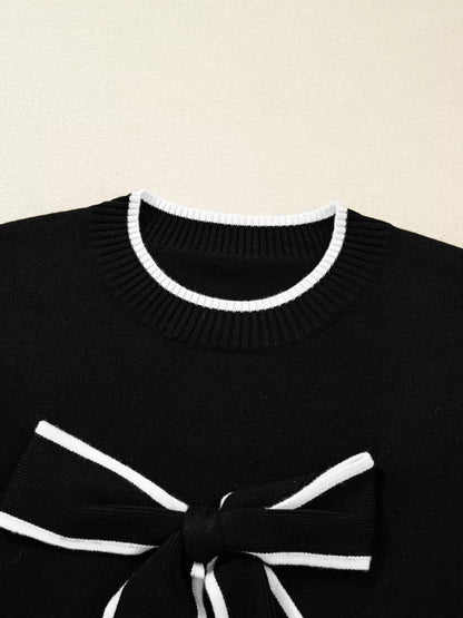 Contrast Trim Bow Accent Holiday Cropped Sweater-Nordavory